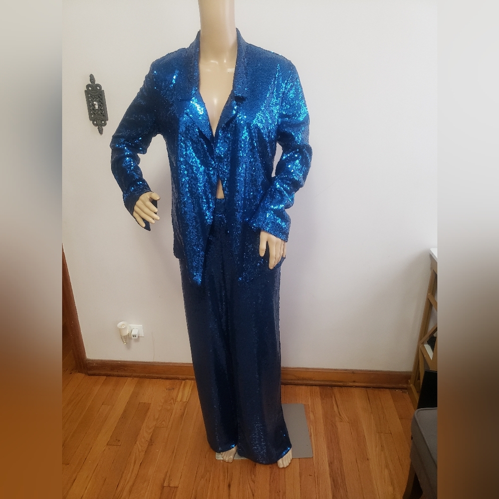 New York & Company Women's Blue Sequins Pant Suit Party Formal~ Size Small